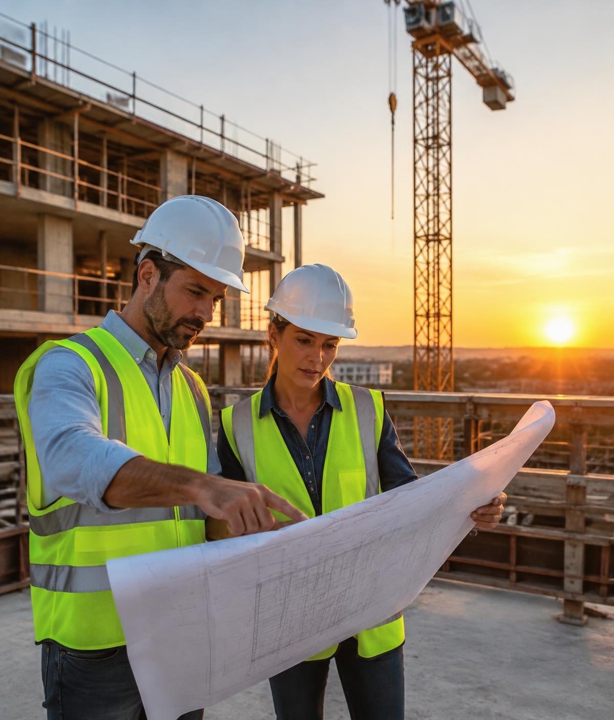 مهندسون يراجعون المخططات في موقع البناء